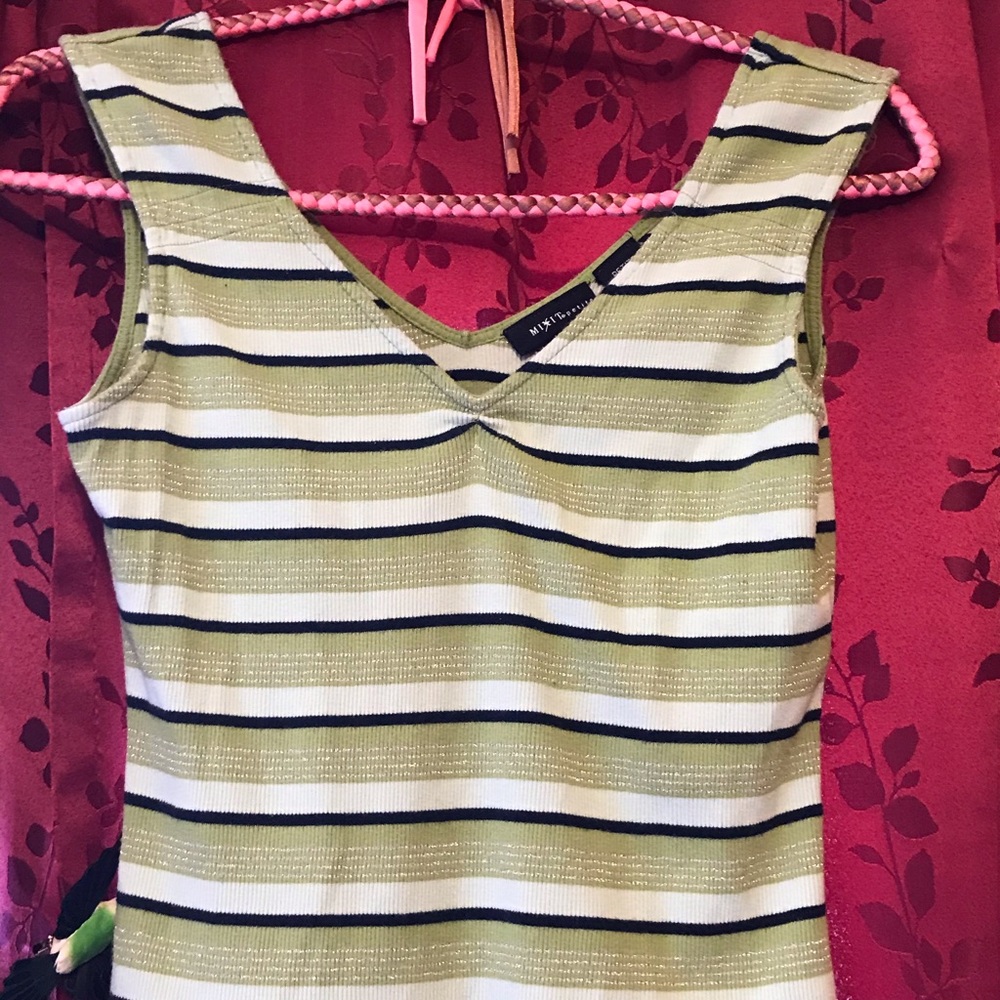 Green white black striped tank 92% cotton